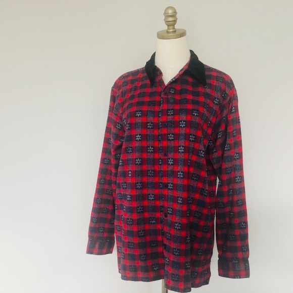 Red Black Plaid Shirt Large Black Corduroy Collar Basic Editions Holiday - Picture 3 of 8